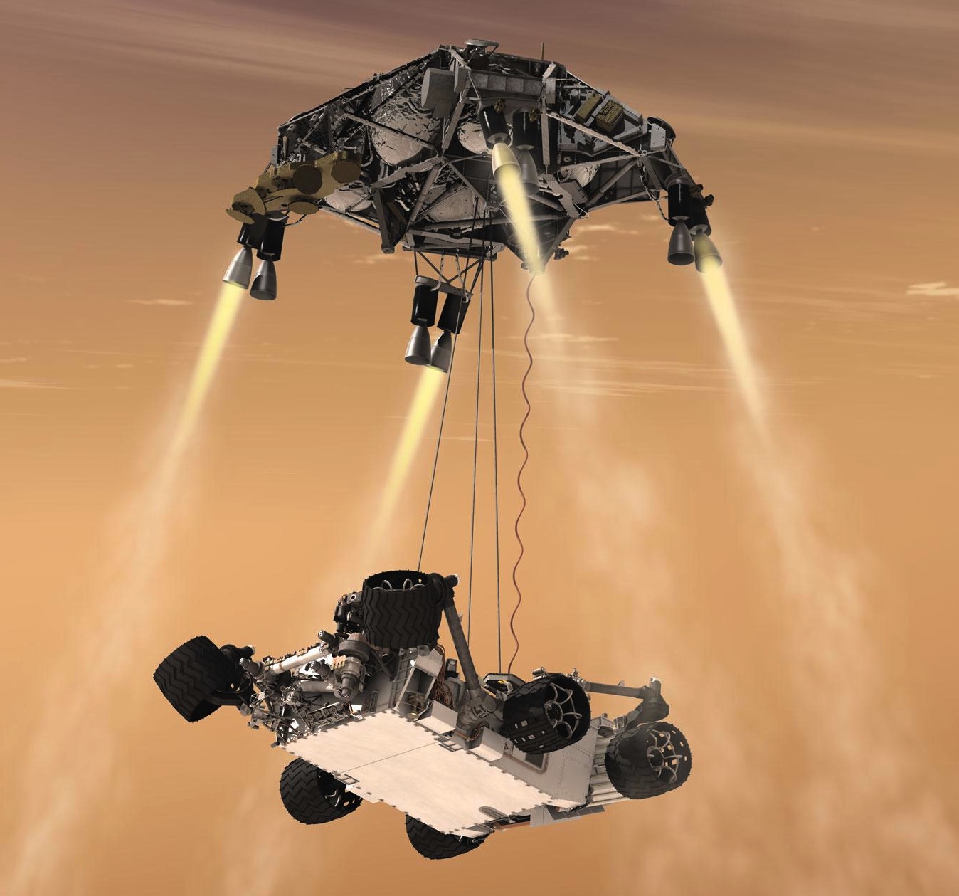 Curiosity suspendu sous le module de descente (Credit : NASA/JPL)