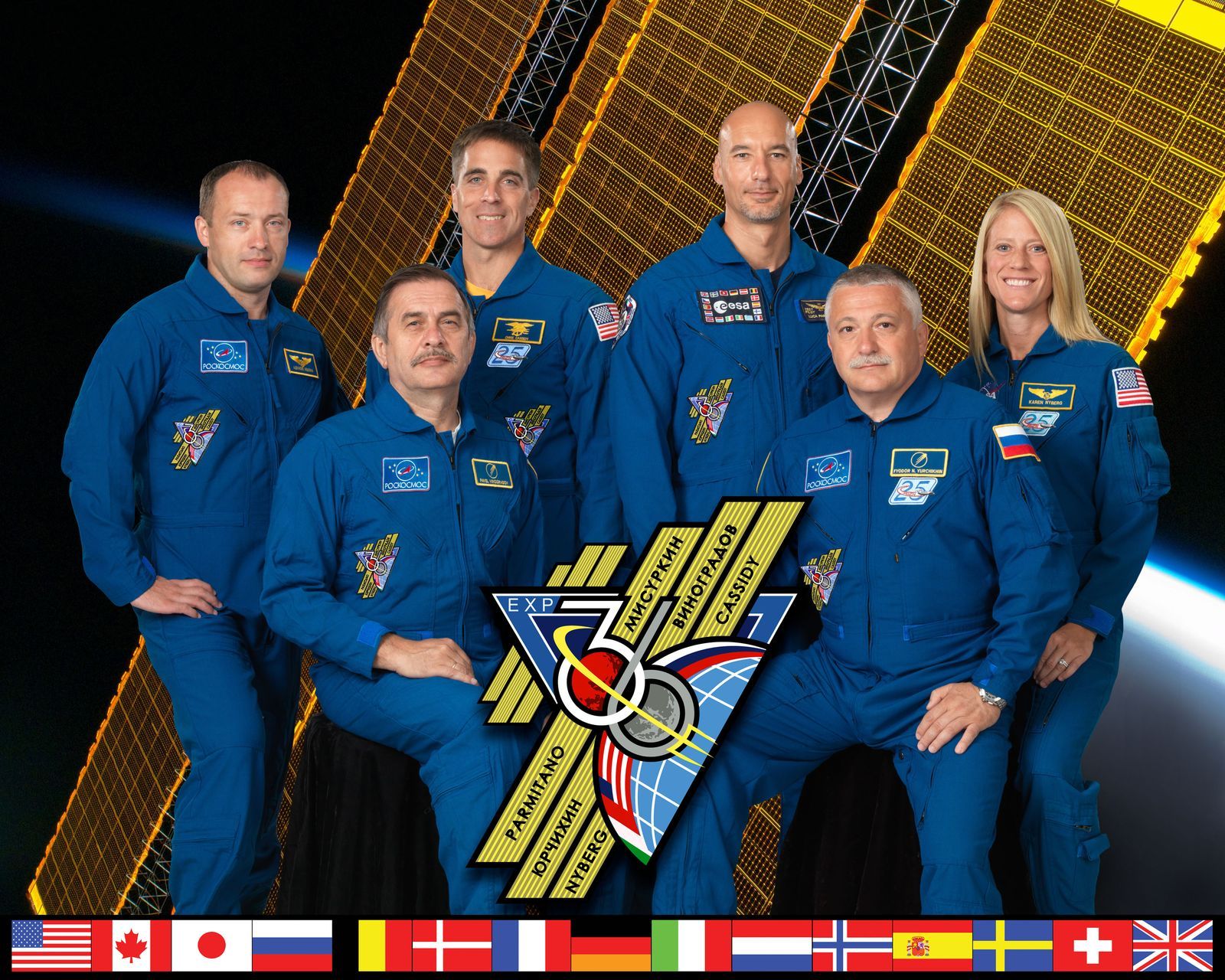 Expédition 36 : De haut en bas et de gauche à droite : Alexandr Misurkin, Chris Cassidy, Luca Parmitano, Karen Nyberg, Pavel Vinogradov et Fiodor Iourtchikhin (Crédits : NASA)