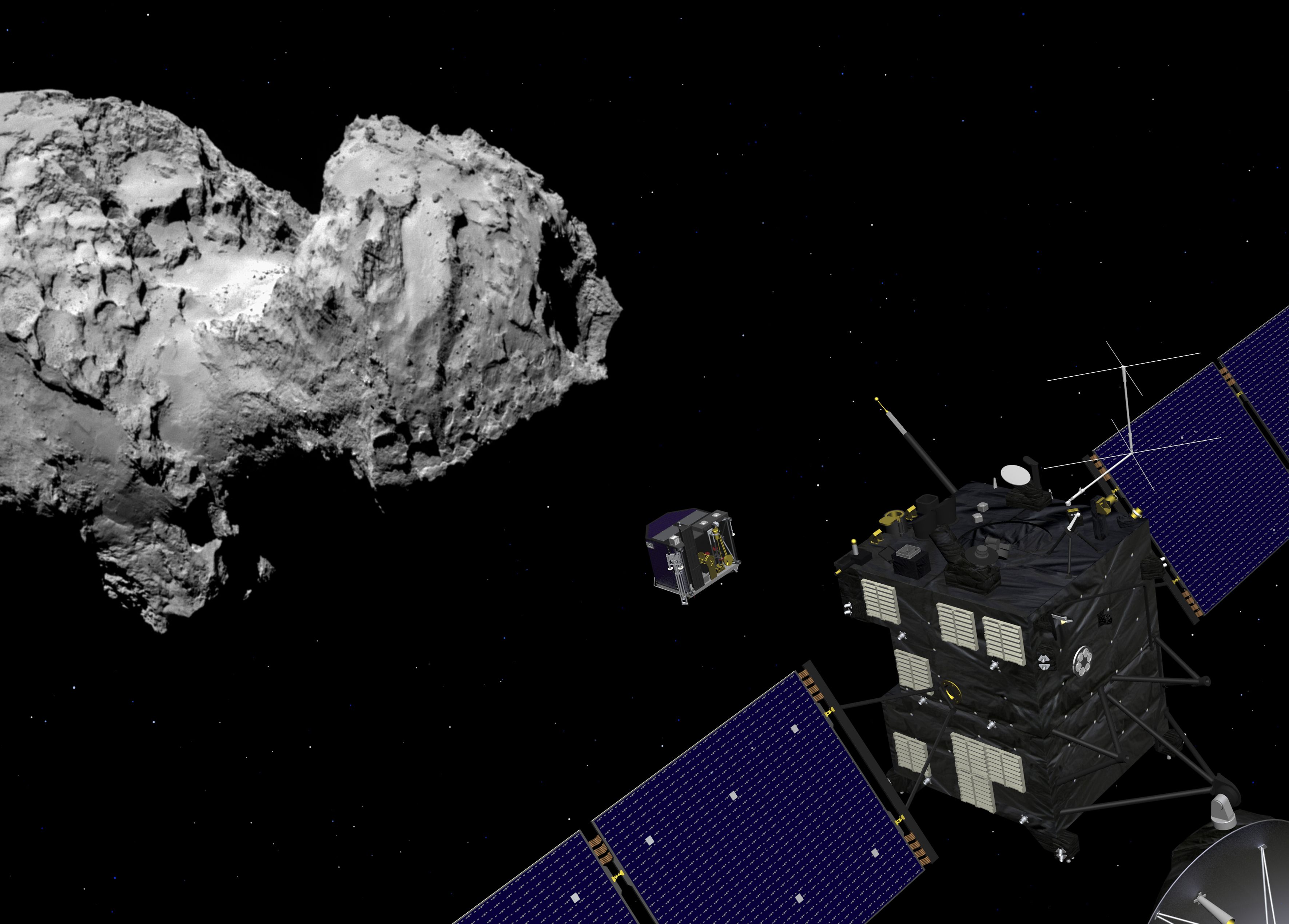 Rosetta et Philae proche de la comète (Crédits : Spacecraft: ESA–J. Huart, 2014; Comet image: ESA/Rosetta/MPS for OSIRIS Team MPS/UPD/LAM/IAA/SSO/INTA/UPM/DASP/IDA)