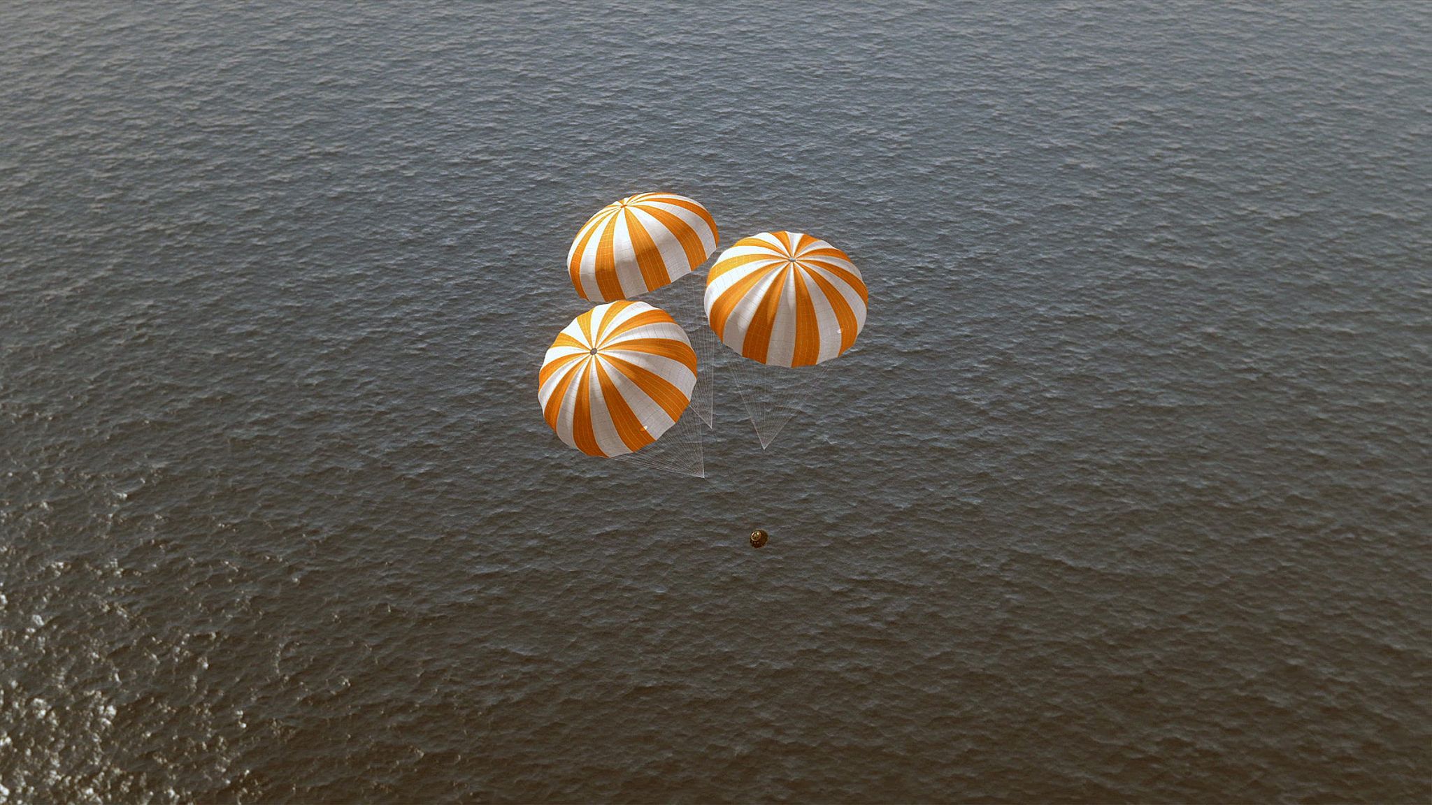Concept d'artiste : Orion sous ses parachutes (Source : https://www.flickr.com/photos/nasaorion)