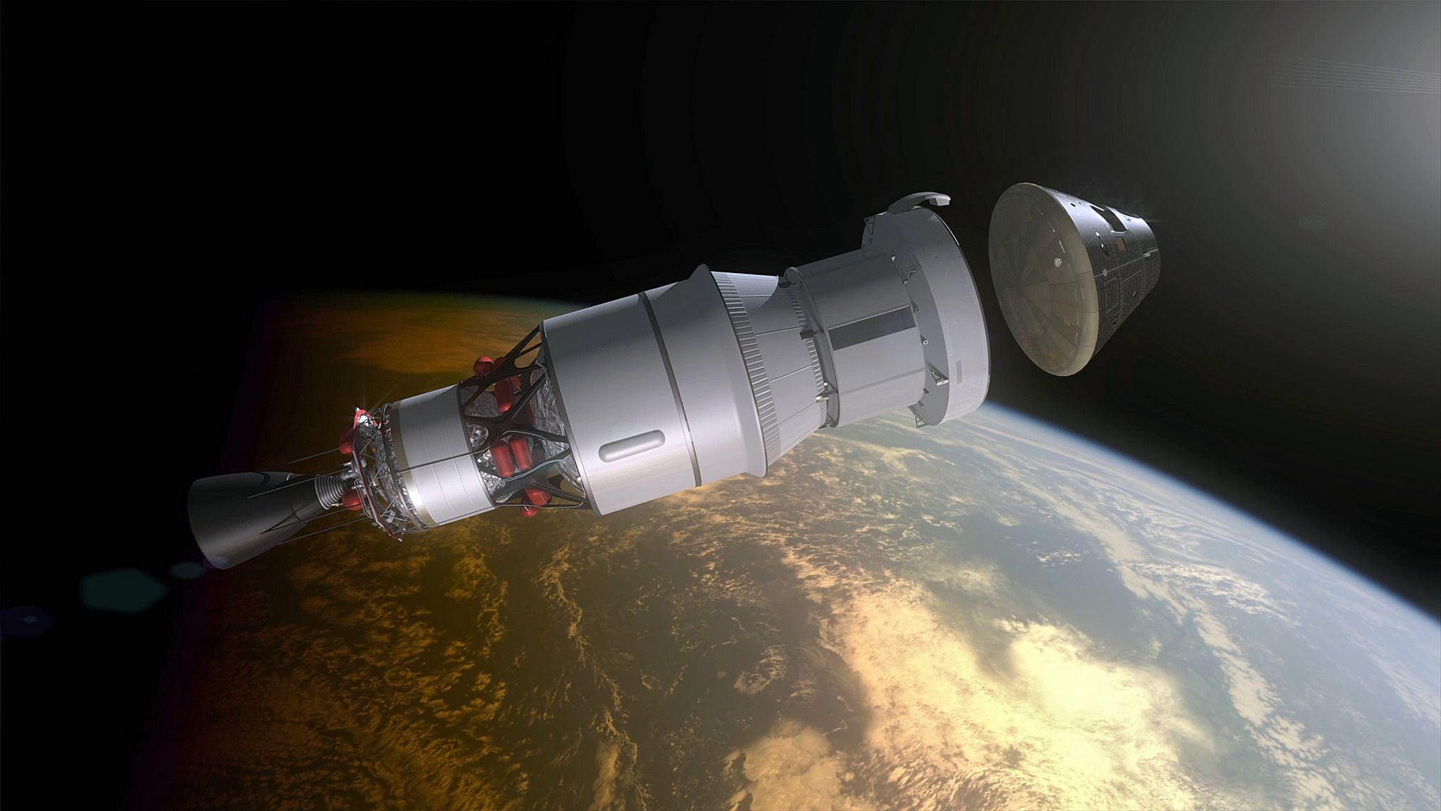 Vue d'artiste de la séparation d'Orion de son module de service et de l'étage supérieur de la fusée (Source : https://www.flickr.com/photos/nasaorion)