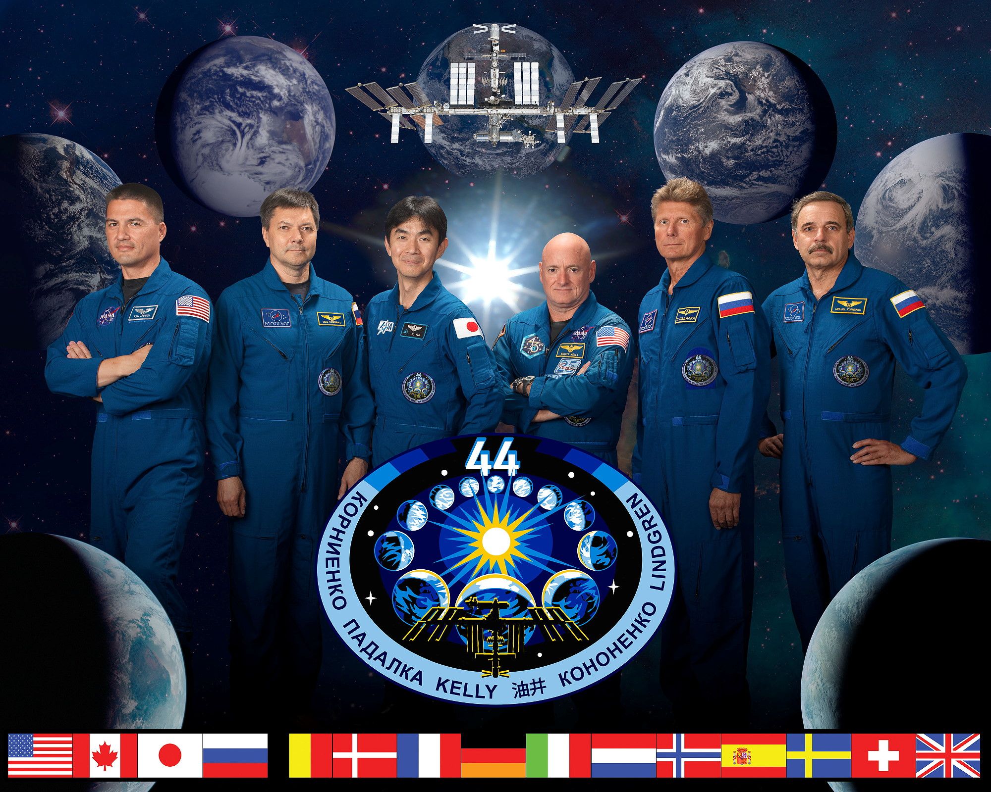 Expédition 44, de gauche à droite : (Kjell Lindgren (NASA), Oleg Kononenko (Roscosmos), Kimiya yui (JAXA), Scott Kelly (NASA), Gennady Padalka (Roscosmos), Mikhail Korniyenko (Roscosmos))