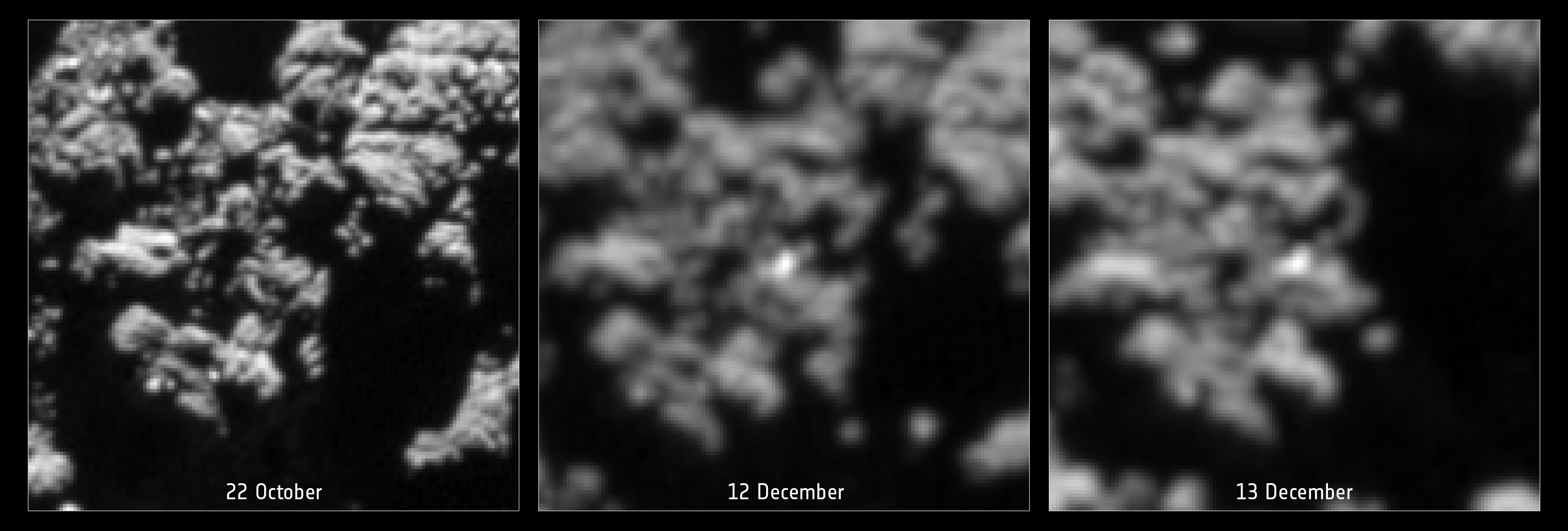 Photos de comparaison Avant/Après d'un lieu où pourrait se situer Philae. L'image de gauche montre la région avant l'atterrissage.  (Crédits : ESA/Rosetta/MPS for OSIRIS Team MPS/UPD/LAM/IAA/SSO/INTA/UPM/DASP/IDA)