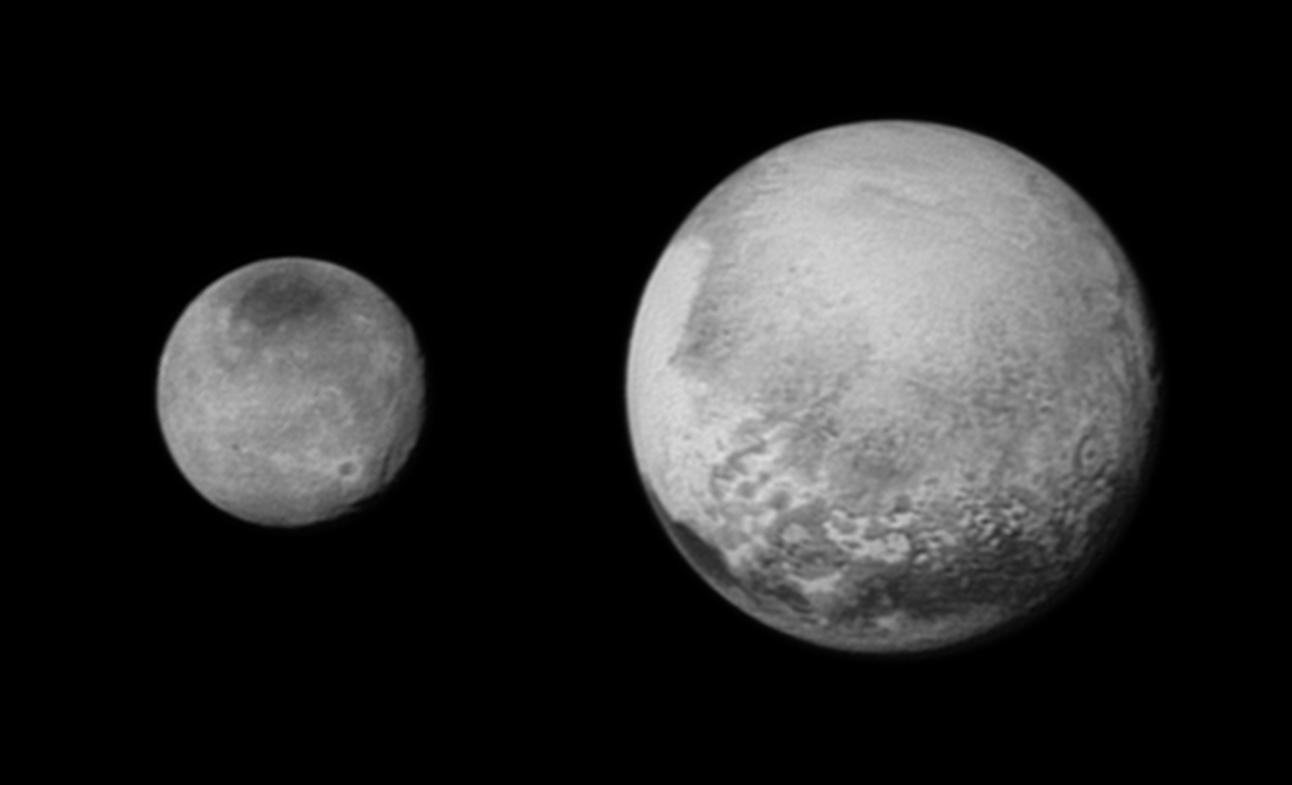 Photo de Charon et Pluton prise le 12 juillet 2015 à 8h45 et 8h50 UTC par la sonde New Horizons (Crédits : NASA / JHUAPL / SwRI)