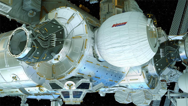 Vue d'artiste du Module BEAM attaché à l'ISS (crédit : Bigelow Aerospace)