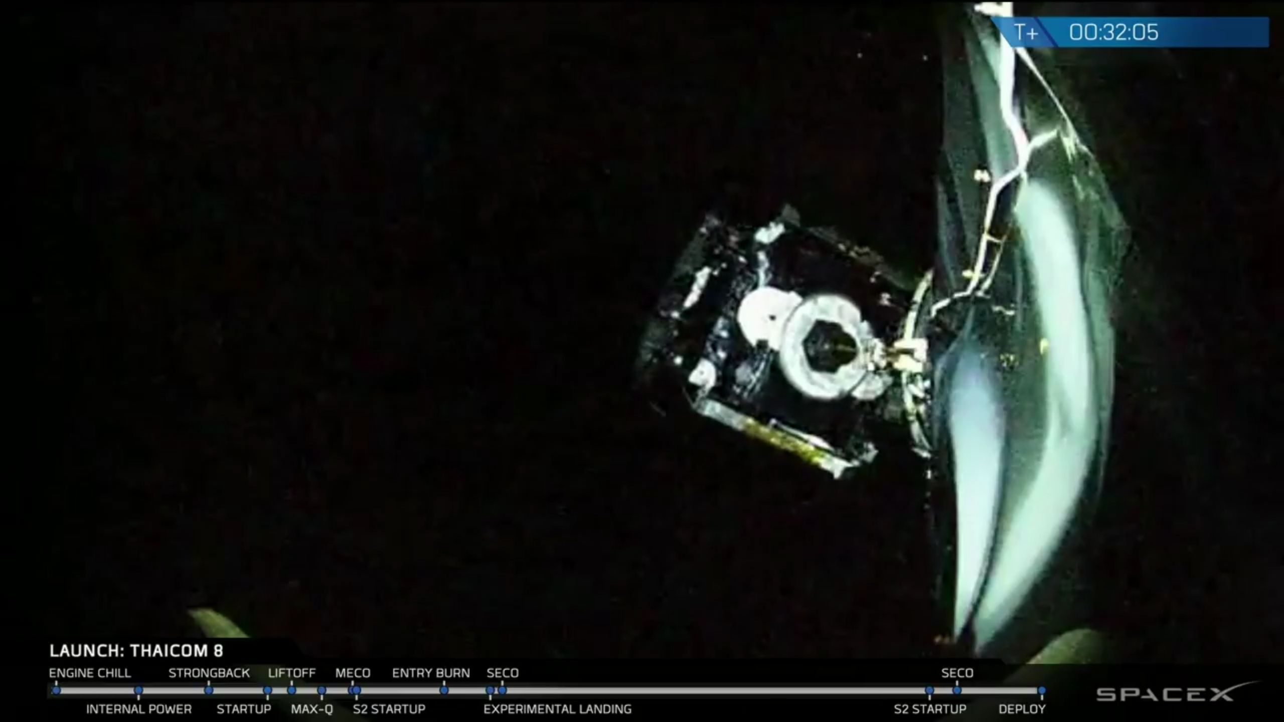 Déploiement du satellite Thaicom8 sur une orbite de transfert super-synchrone par le 2ème étage de la Fusée Falcon9 (Crédit : SpaceX)